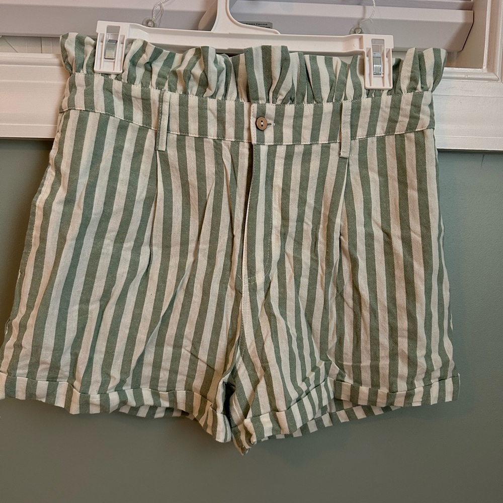 Pink Lily Green and White Striped High Waist Shorts